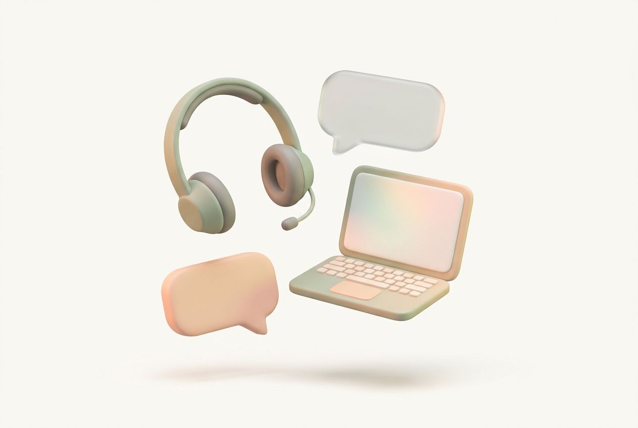 Ilustracja: słuchawki, dymki rozmowy i laptop symbolizujące helpdesk IT